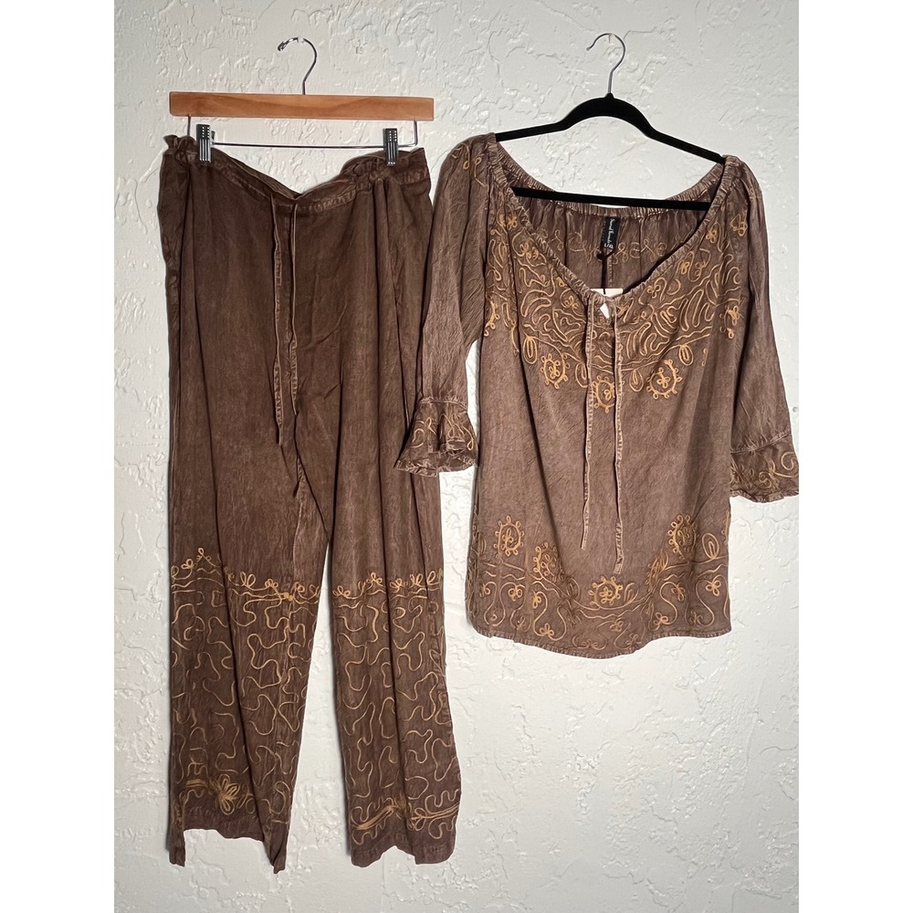 Sacred Threads Embroidered Brown Boho 2 Pc Set Top L/XL Pants S/M